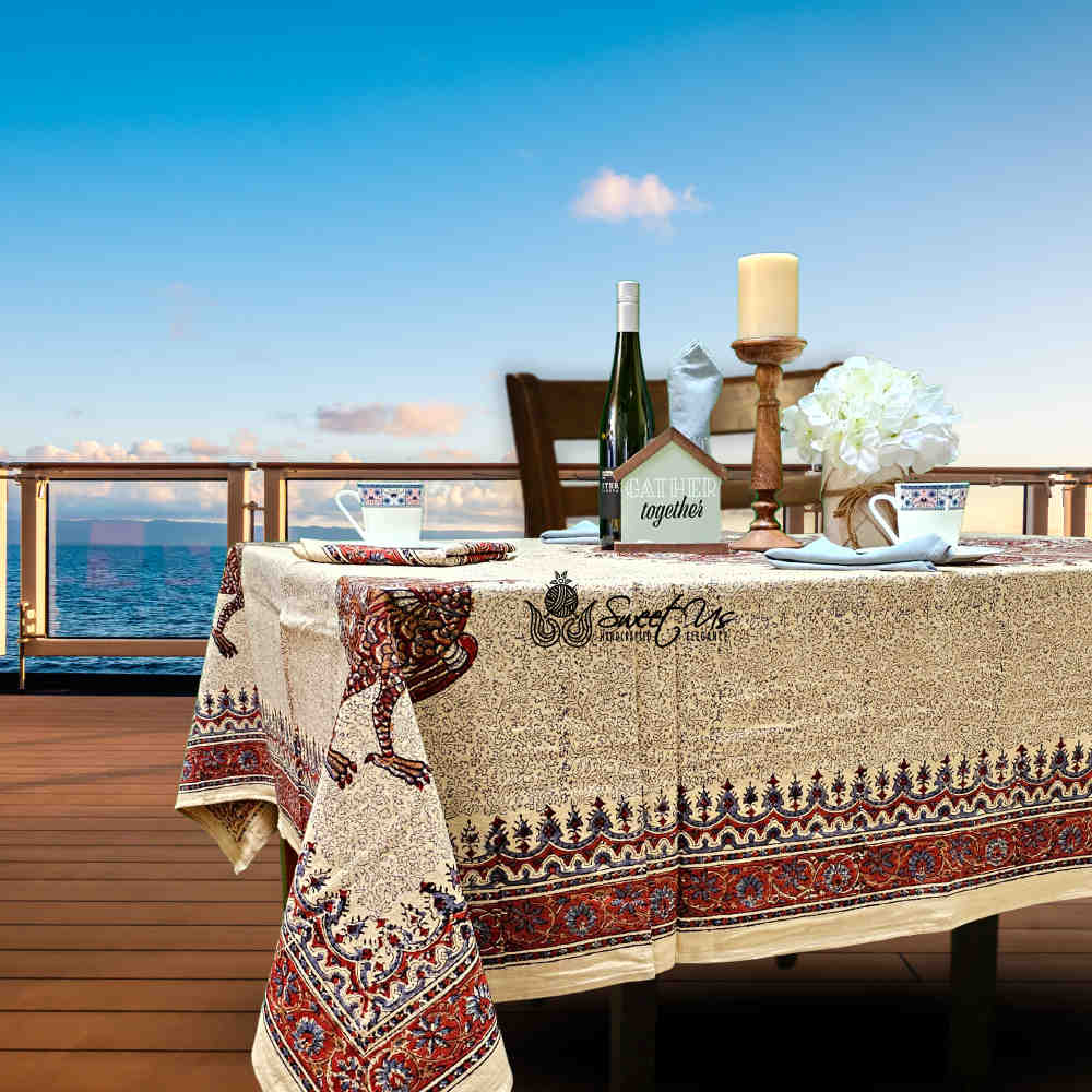 Peacock Paradise Paisley Organic Hand Block Print Cotton Tablecloth Collection