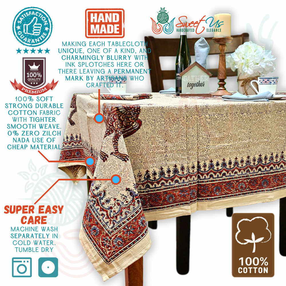 Peacock Paradise Paisley Organic Hand Block Print Cotton Tablecloth Collection