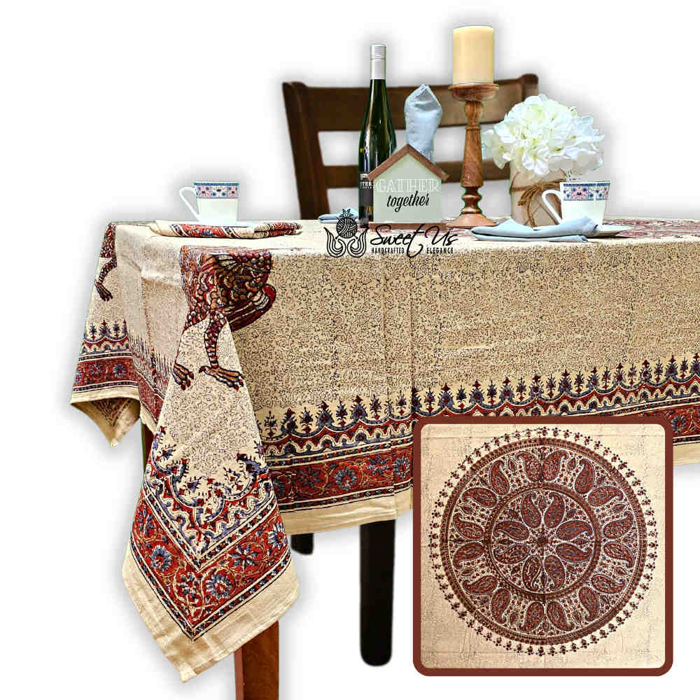 Peacock Paradise Paisley Organic Hand Block Print Cotton Tablecloth Collection