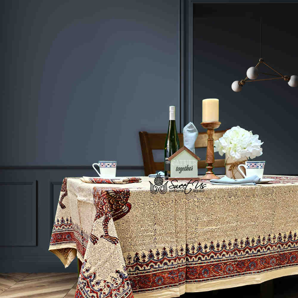 Peacock Paradise Paisley Organic Hand Block Print Cotton Tablecloth Collection