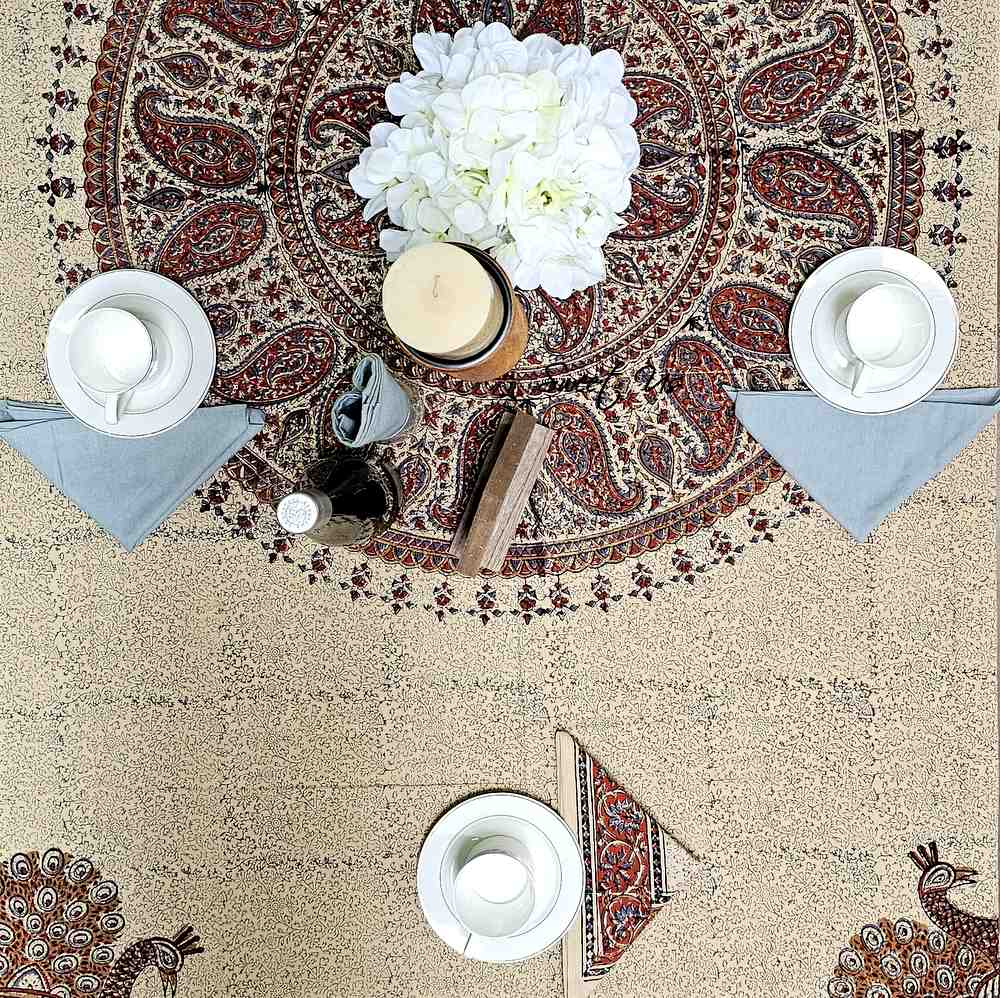 Peacock Paradise Paisley Organic Hand Block Print Cotton Tablecloth Collection
