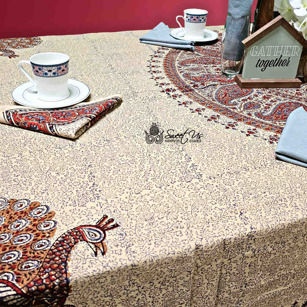 Peacock Paradise Paisley Organic Hand Block Print Cotton Tablecloth Collection