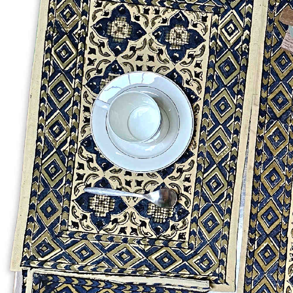 Block Print Cotton Sustainable Geometric Tablecloth Collection, Green