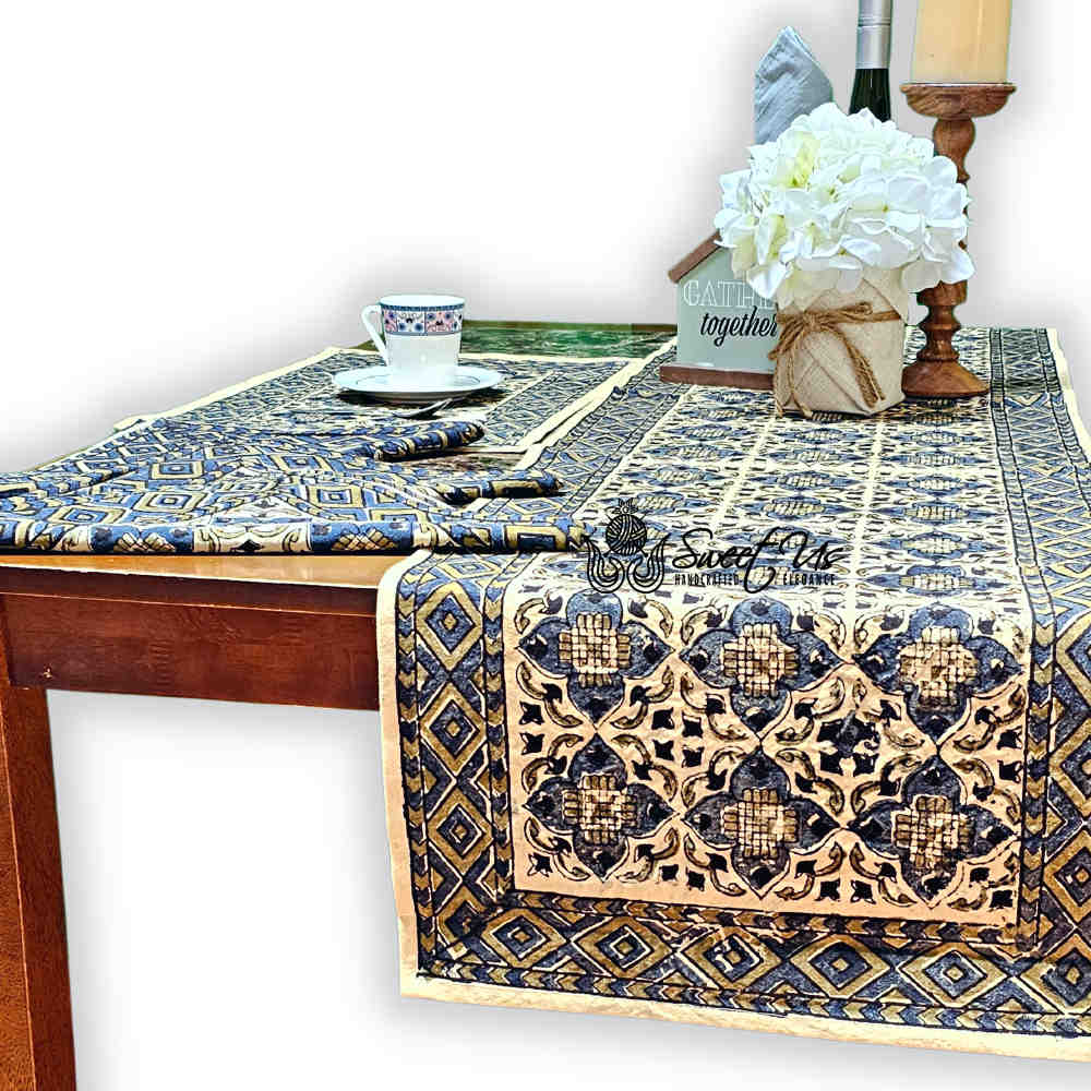Block Print Cotton Sustainable Geometric Tablecloth Collection, Green - Sweet Us