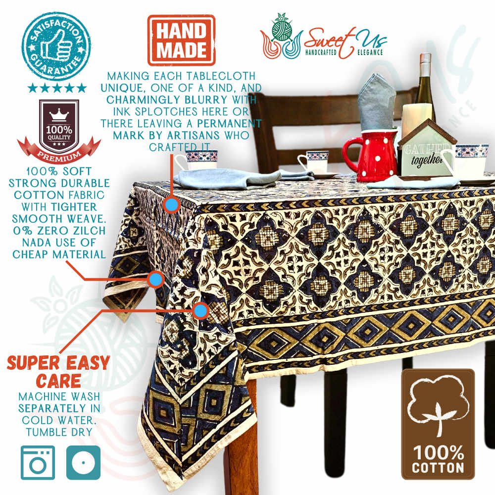 Block Print Cotton Sustainable Geometric Tablecloth Collection, Green - Sweet Us