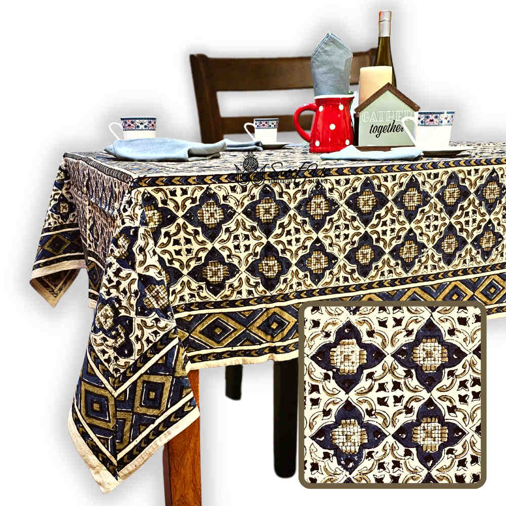 Block Print Cotton Sustainable Geometric Tablecloth Collection, Green - Sweet Us