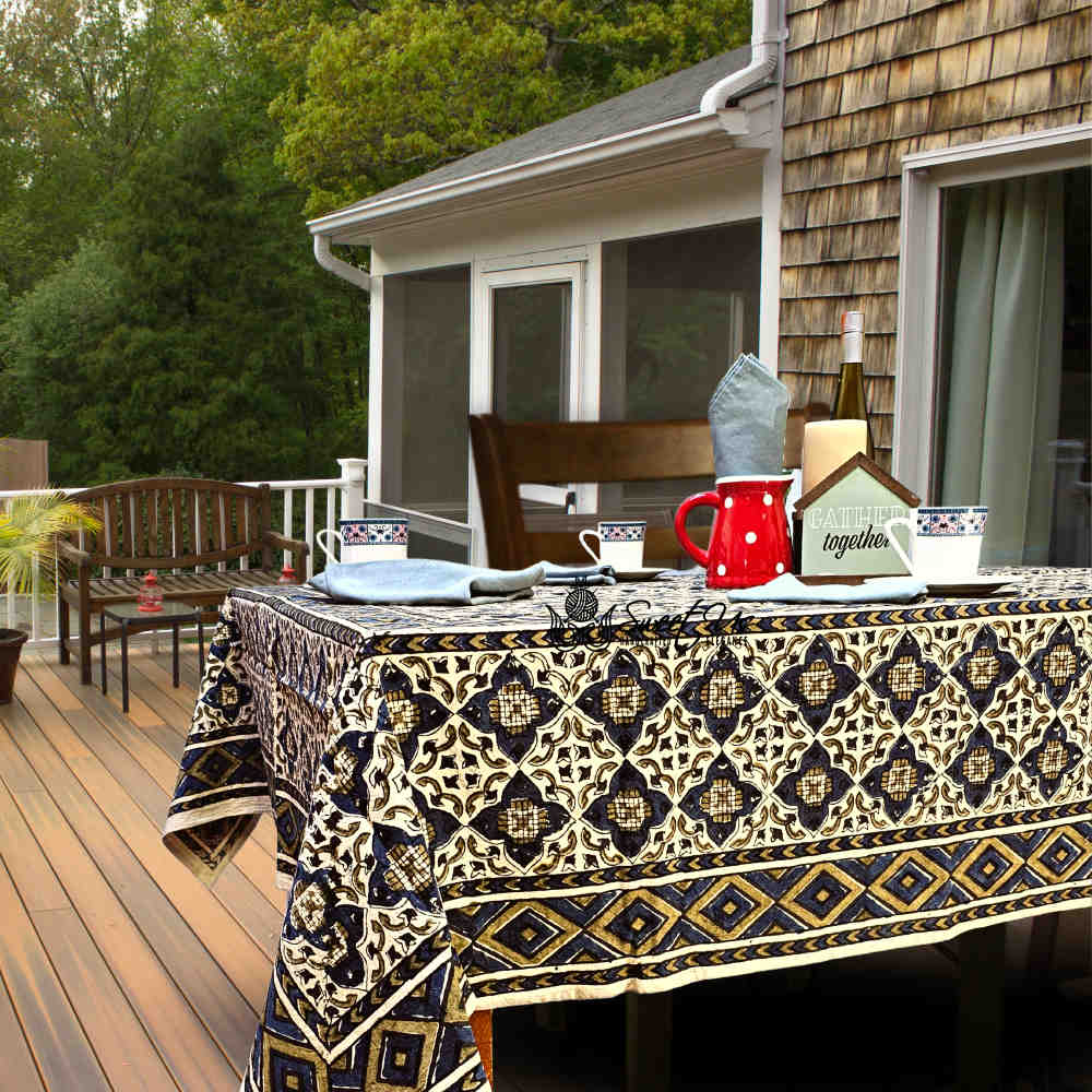 Block Print Cotton Sustainable Geometric Tablecloth Collection, Green - Sweet Us