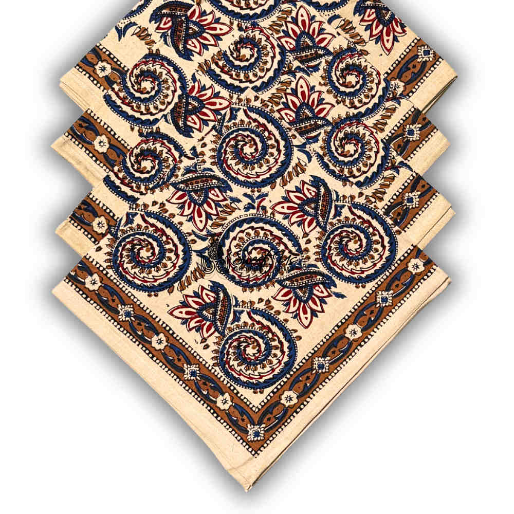 Botanic Swirls Block Print Cotton Set of 4 Napkins, Sandstone Sunset