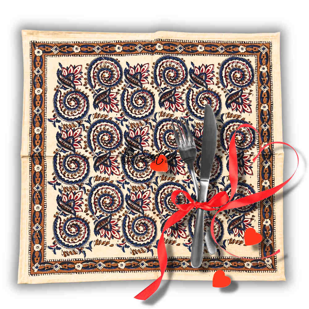 Botanic Swirls Block Print Cotton Set of 4 Napkins, Sandstone Sunset