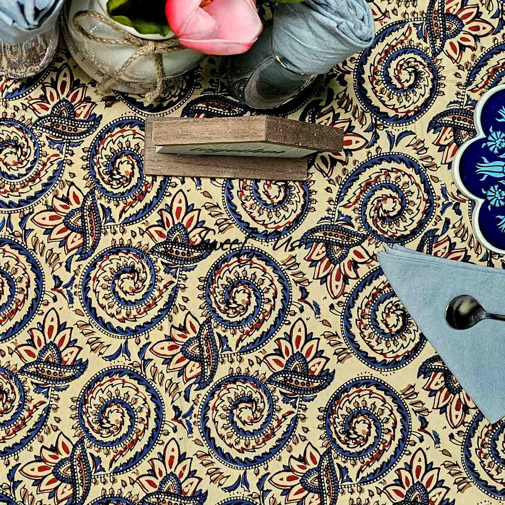 Cotton Floral Swirl Block Print Tablecloth Collection, Beige Gold
