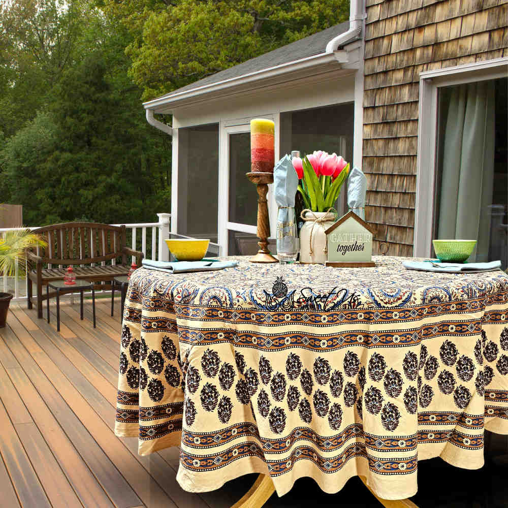 Cotton Floral Swirl Block Print Tablecloth Collection, Beige Gold