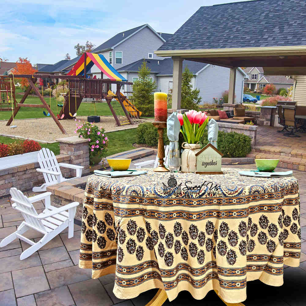 Cotton Floral Swirl Block Print Tablecloth Collection, Beige Gold