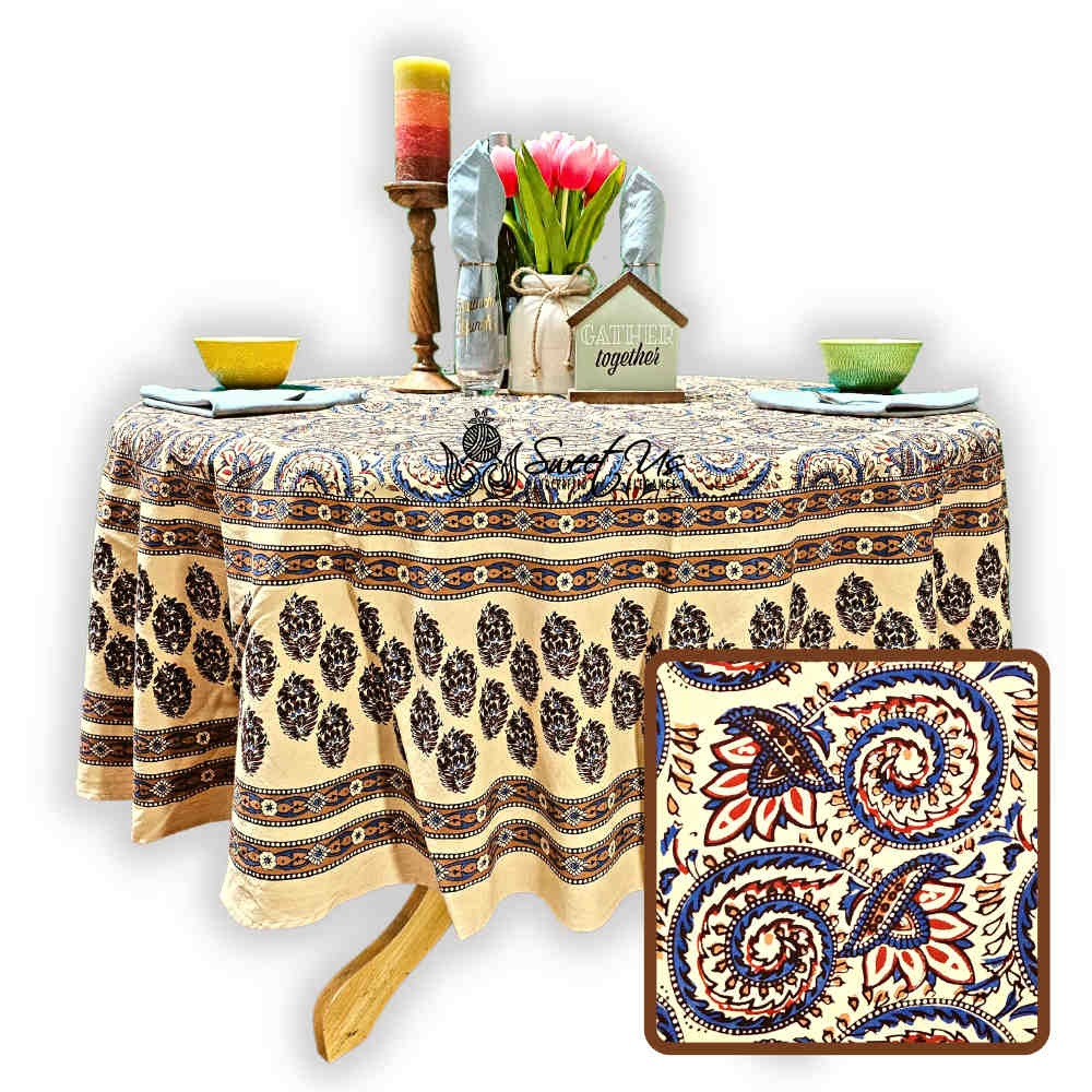 Cotton Floral Swirl Block Print Tablecloth Collection, Beige Gold
