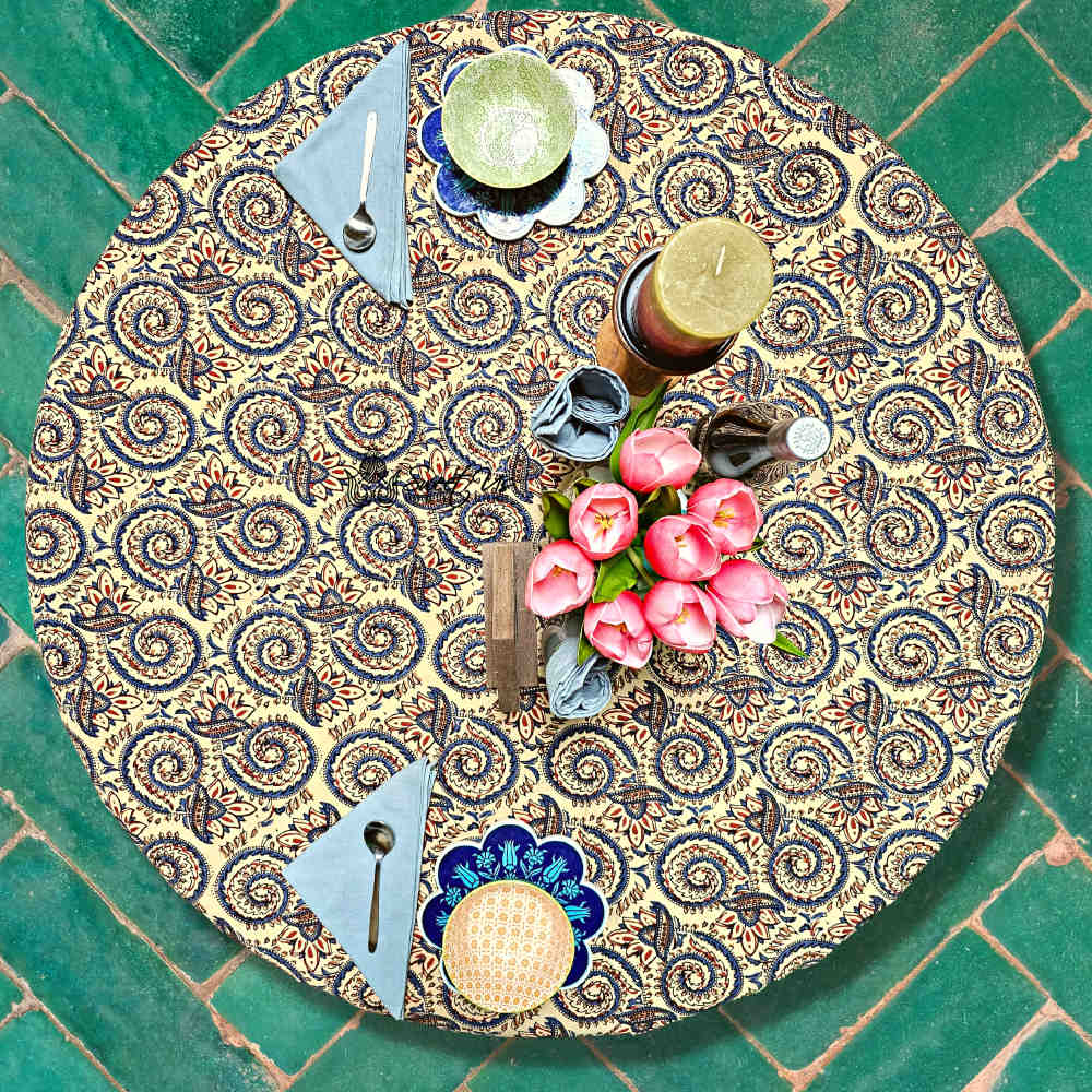 Cotton Floral Swirl Block Print Tablecloth Collection, Beige Gold
