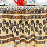 Cotton Floral Swirl Block Print Tablecloth Collection, Beige Gold