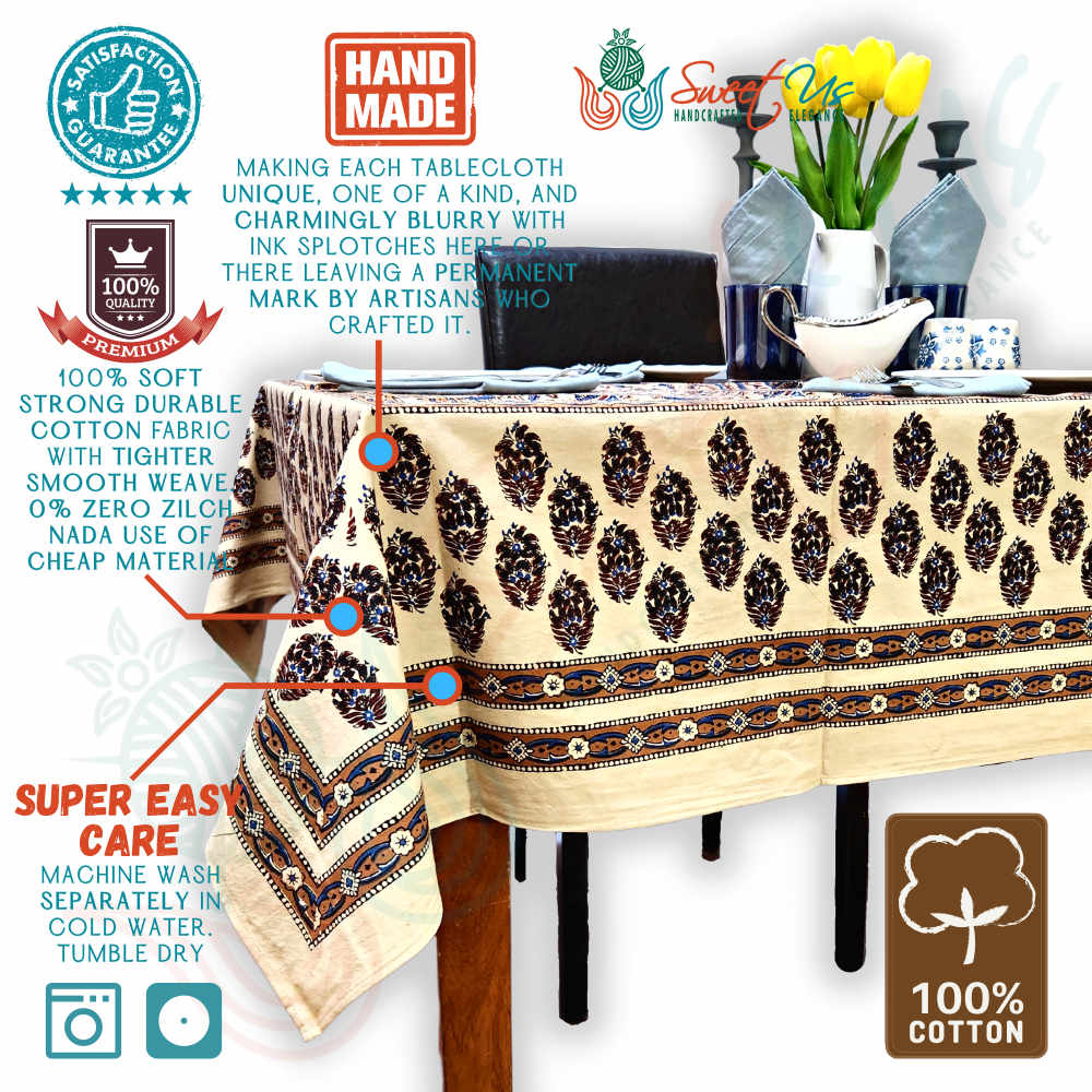 Cotton Floral Swirl Block Print Tablecloth Collection, Beige Gold