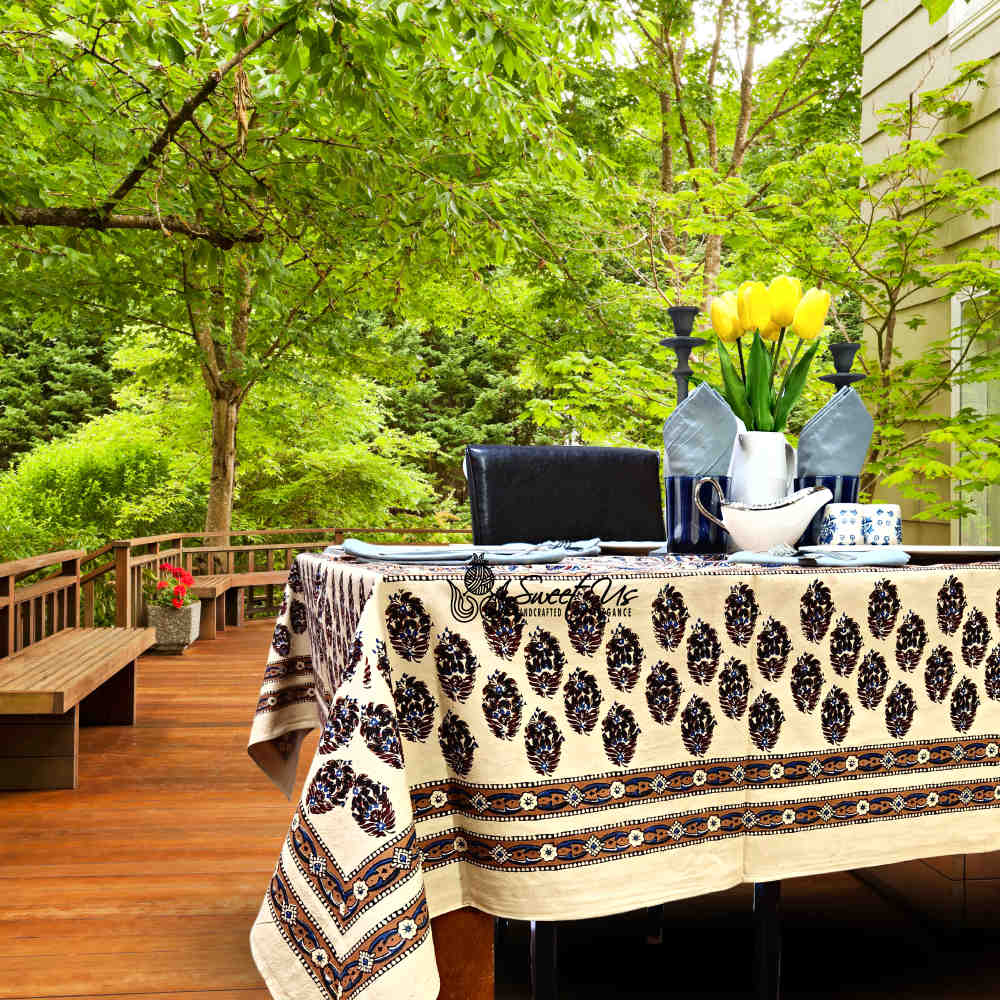 Cotton Floral Swirl Block Print Tablecloth Collection, Beige Gold