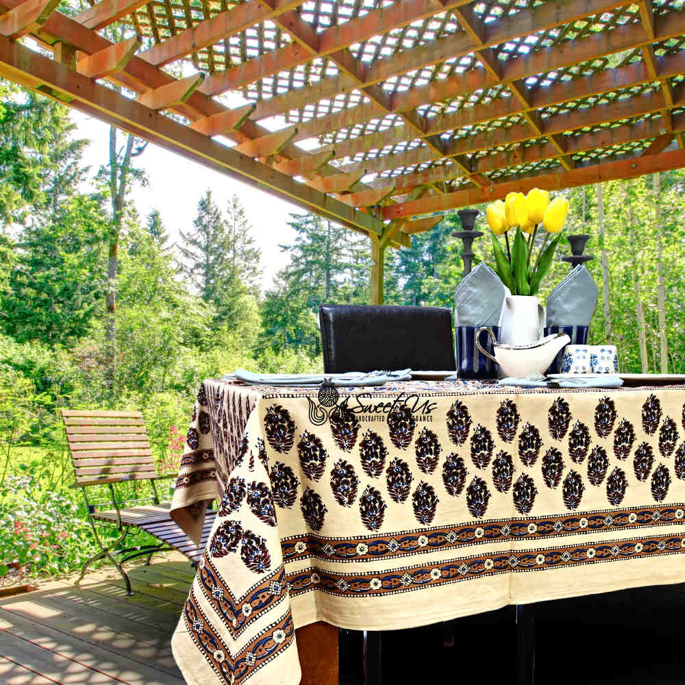 Cotton Floral Swirl Block Print Tablecloth Collection, Beige Gold