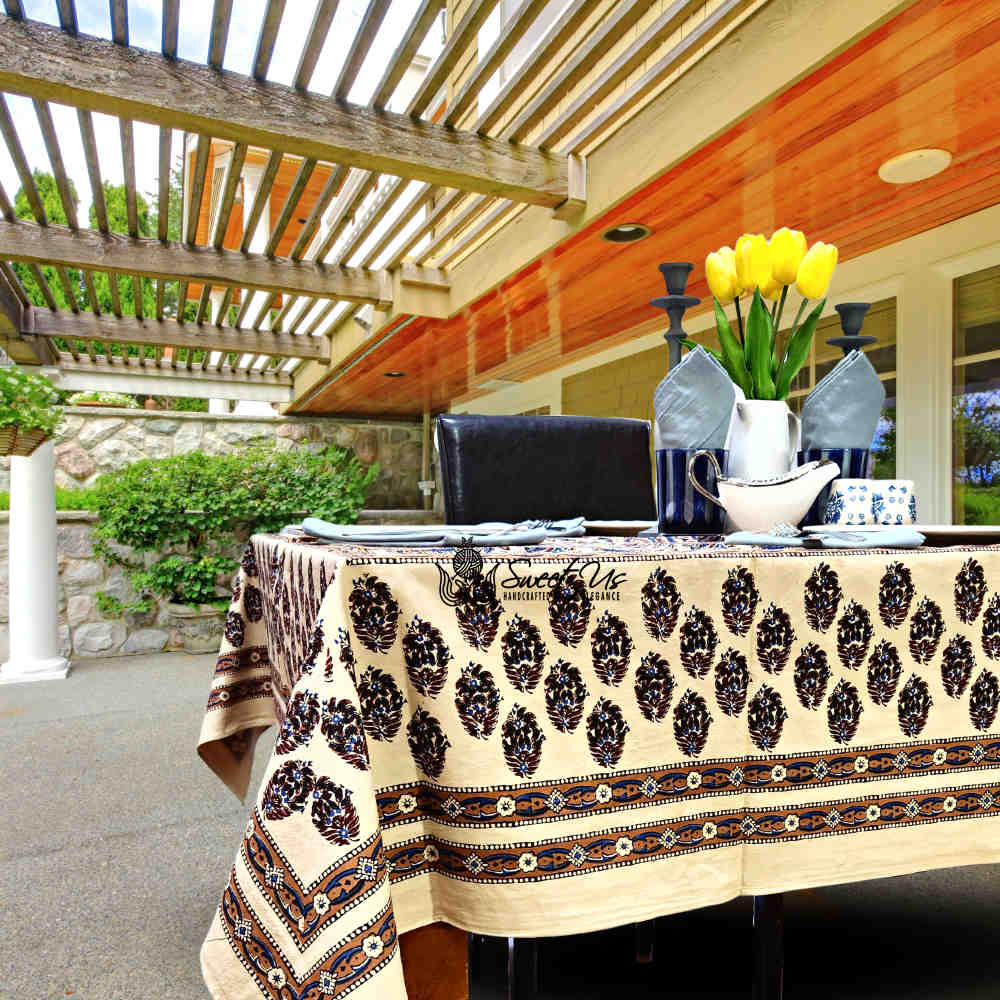 Cotton Floral Swirl Block Print Tablecloth Collection, Beige Gold