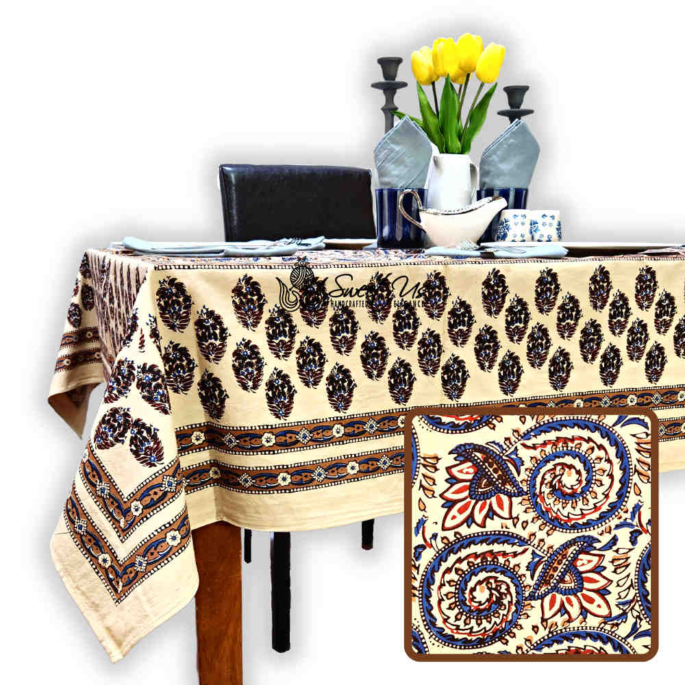 Cotton Floral Swirl Block Print Tablecloth Collection, Beige Gold