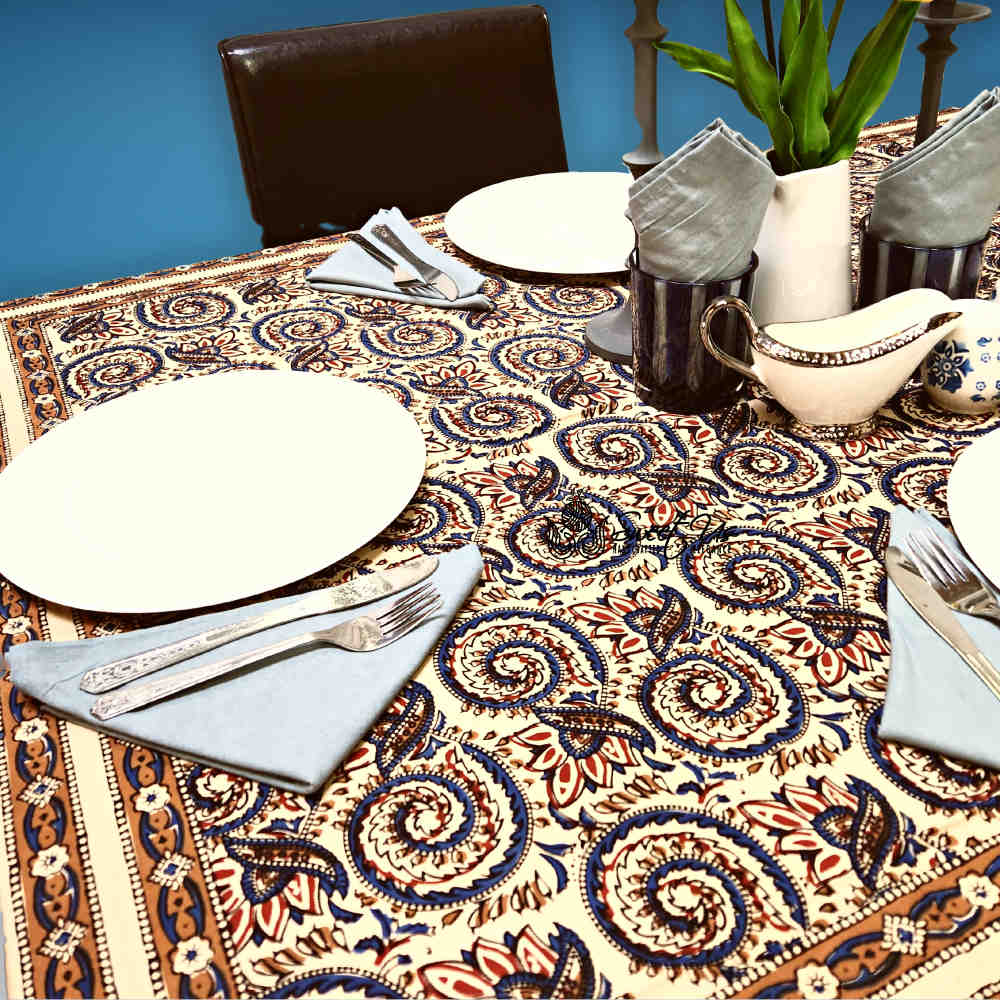 Cotton Floral Swirl Block Print Tablecloth Collection, Beige Gold