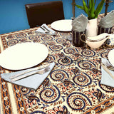 Cotton Floral Swirl Block Print Tablecloth Collection, Beige Gold