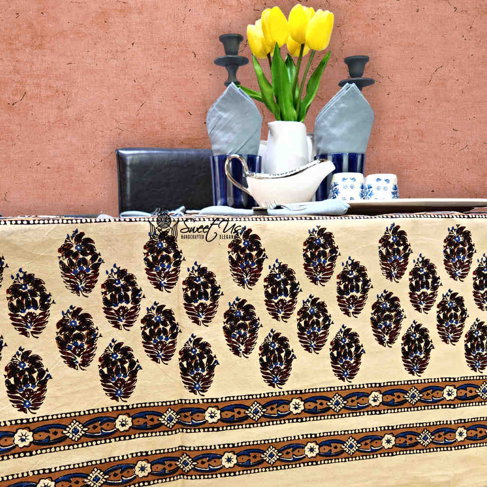 Cotton Floral Swirl Block Print Tablecloth Collection, Beige Gold