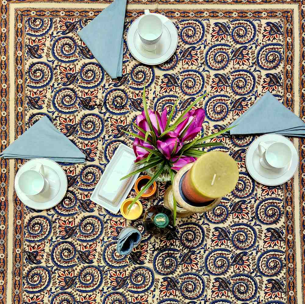 Cotton Floral Swirl Block Print Tablecloth Collection, Beige Gold