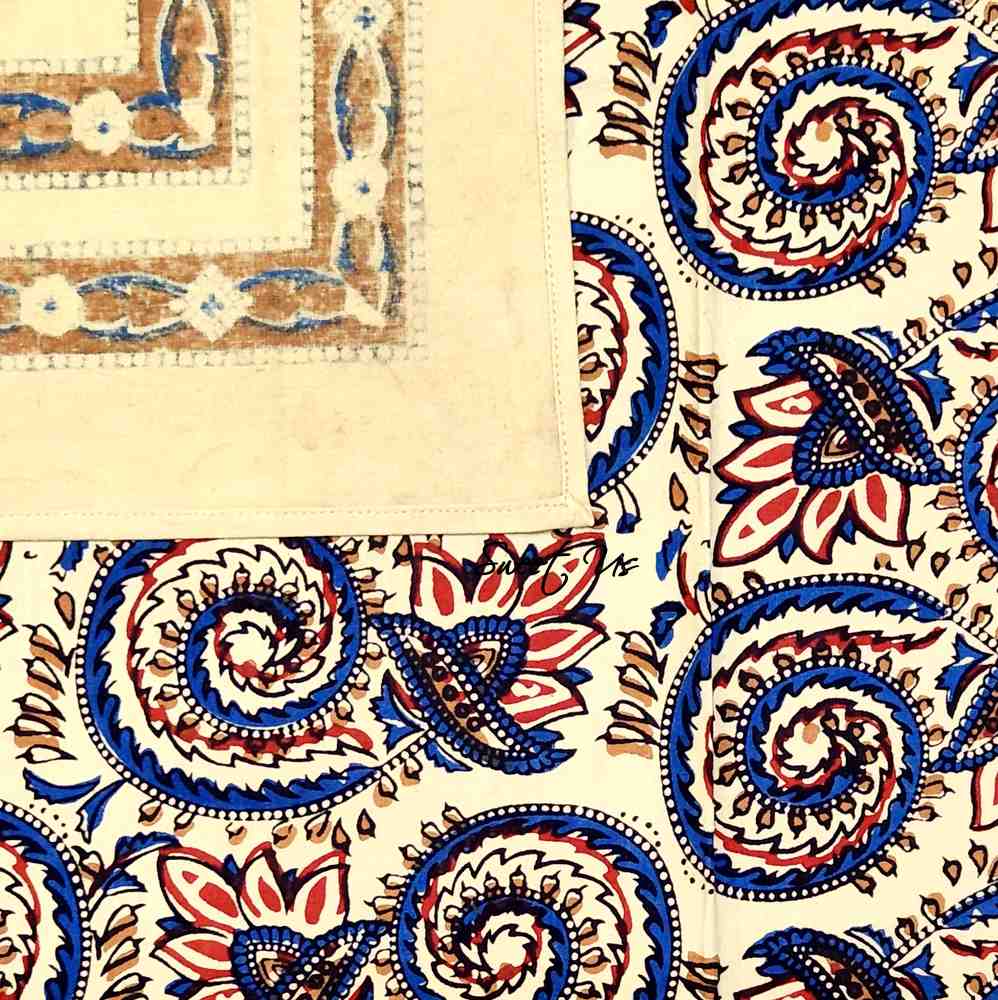 Cotton Floral Swirl Block Print Tablecloth Collection, Beige Gold