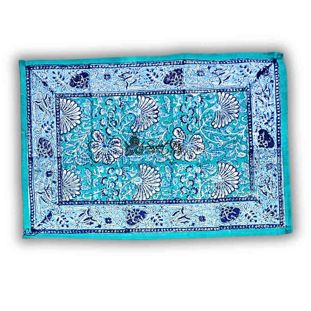 Mystic Lotus Floral Cotton Block Print Set of 4 Placemats, Ocean Breeze