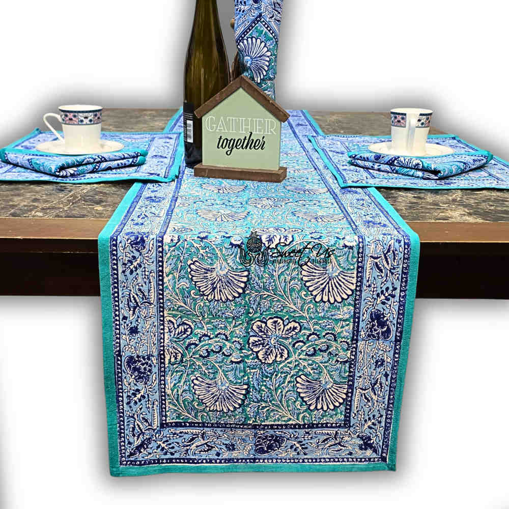 Mystic Lotus Floral Cotton Block Print Table Runner, Ocean Breeze