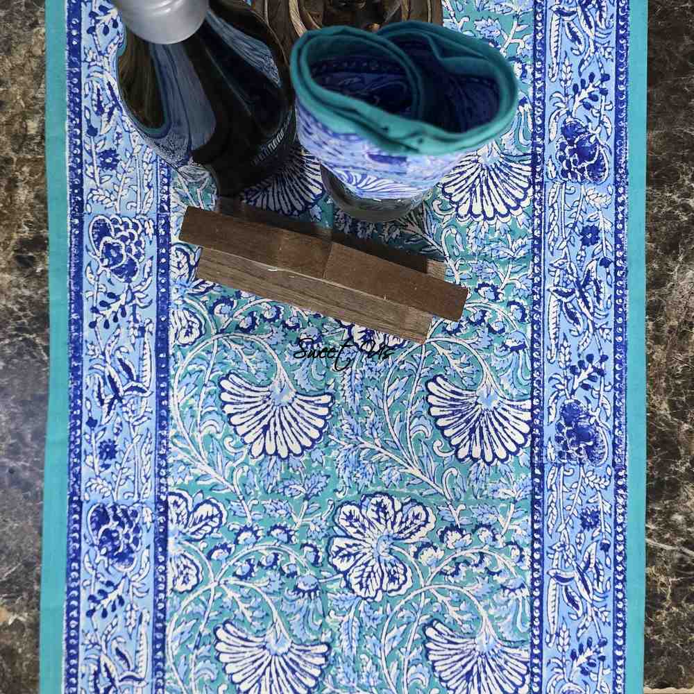 Mystic Lotus Floral Cotton Block Print Table Runner, Ocean Breeze
