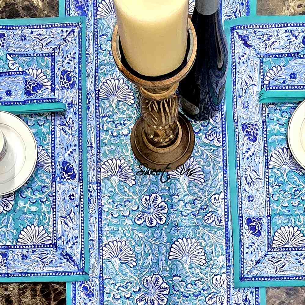 Mystic Lotus Floral Cotton Block Print Table Runner, Ocean Breeze