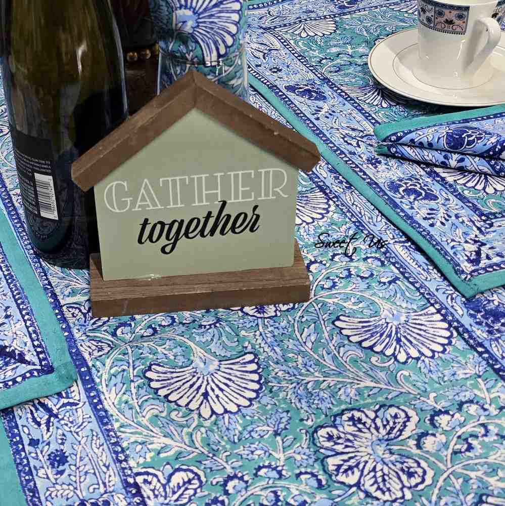 Mystic Lotus Floral Cotton Block Print Table Runner, Ocean Breeze