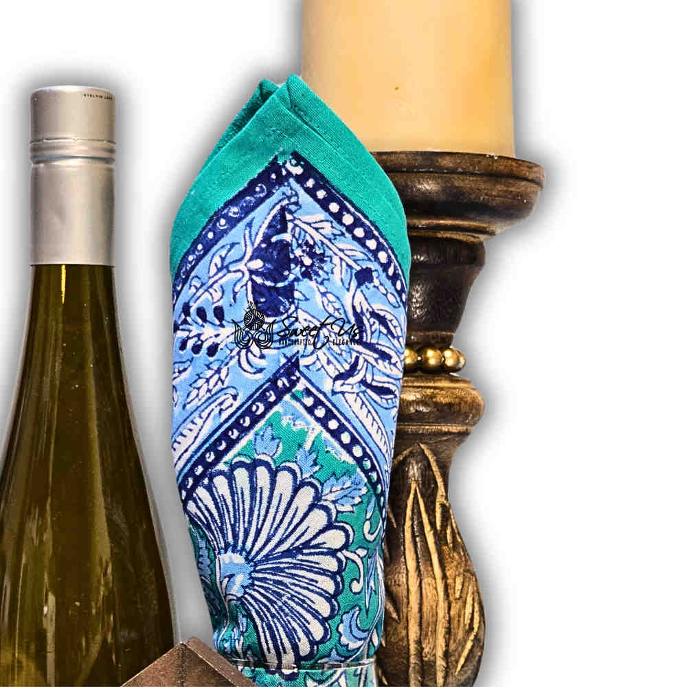 Mystic Lotus Floral Cotton Block Print Dinner Set of 4 Napkins, Ocean Breeze