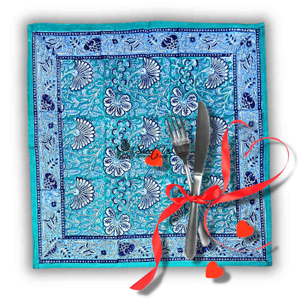 Mystic Lotus Floral Cotton Block Print Dinner Set of 4 Napkins, Ocean Breeze