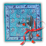 Mystic Lotus Floral Cotton Block Print Dinner Napkin, Ocean Breeze