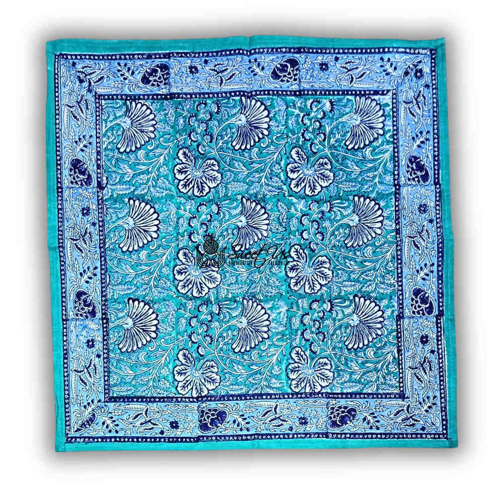 Mystic Lotus Floral Cotton Block Print Dinner Set of 4 Napkins, Ocean Breeze