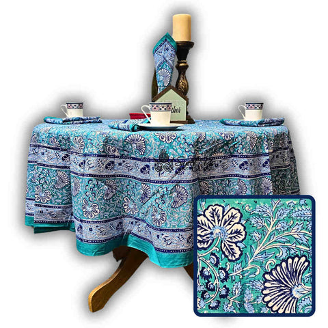 Mystic Lotus Floral Cotton Block Print Tablecloth Round, Ocean Breeze