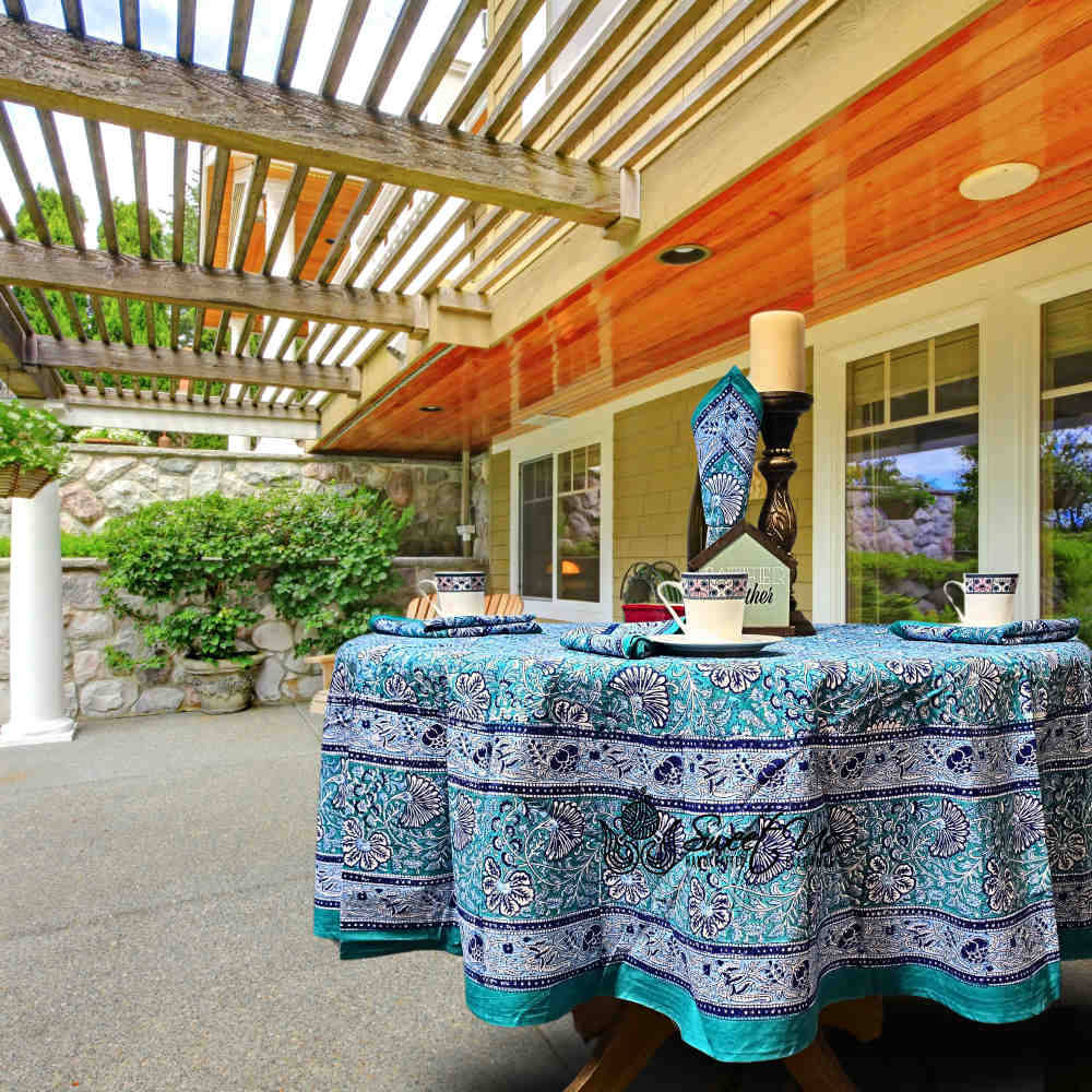 Mystic Lotus Floral Cotton Block Print Tablecloth Round, Ocean Breeze