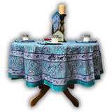 Mystic Lotus Floral Cotton Block Print Tablecloth Round, Ocean Breeze