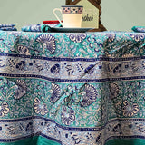 Mystic Lotus Floral Cotton Block Print Tablecloth Round, Ocean Breeze