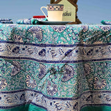 Mystic Lotus Floral Cotton Block Print Tablecloth Round, Ocean Breeze