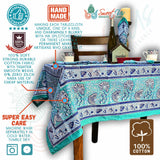 Mystic Lotus Floral Cotton Block Print Tablecloth Square, Ocean Breeze