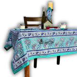 Mystic Lotus Floral Cotton Block Print Tablecloth Square, Ocean Breeze