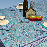 Mystic Lotus Floral Cotton Block Print Tablecloth Rectangle, Ocean Breeze