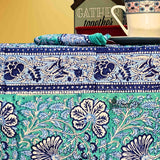 Mystic Lotus Floral Cotton Block Print Tablecloth Rectangle, Ocean Breeze