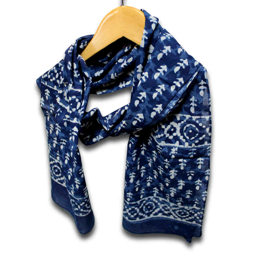 Lightweight Soft Cotton Floral Scarf for Women, Chiara Petals, Indigo Blue, 15x72