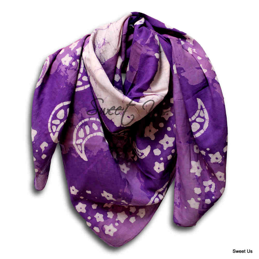 Cosmic Elegance Cotton Batik Print Summer Celestial Scarf for Women, Plum