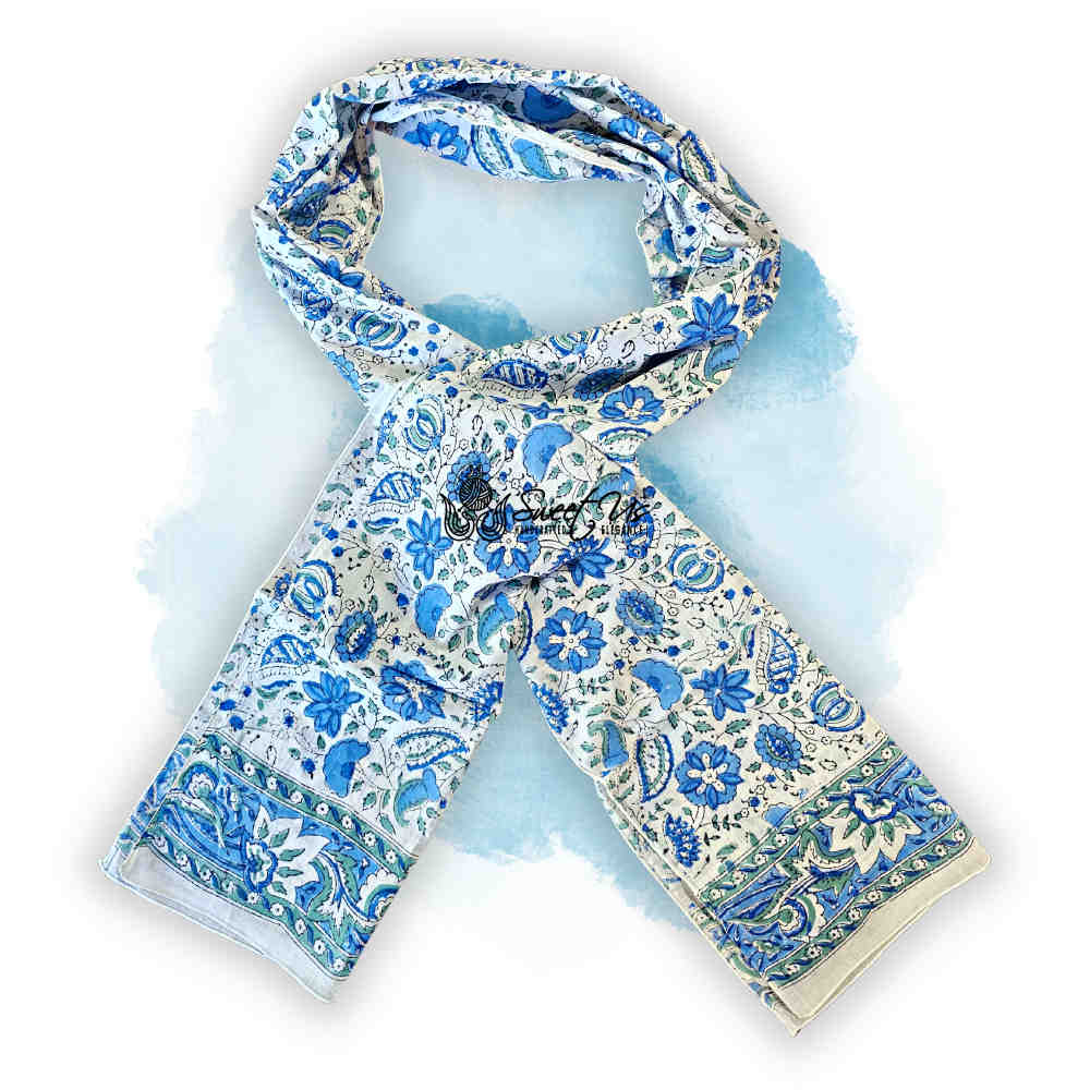 Padma Series Hand-Block Lightweight Cotton Long Scarf — Indigo Sea